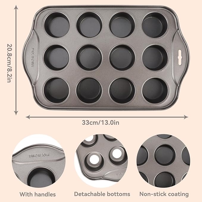 Beufee Mini Cheesecake Pan,Mini Cupcake Muffin Baking Pans 12 Cavity with Removable Bottom Cupcake Pan Mini Round Cake Pans Nonstick Cake Mold DIY Baking Cake Mold Bakeware Kitchen Utensils