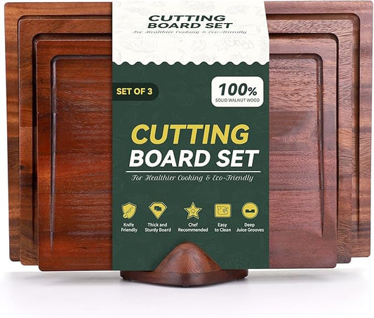 3-Piece Solid Walnut Wood Cutting Boards with Anti-Slip Holder, Chopping Block with Juice Deep Groove & Invisible Handles for Kitchen Meats Vegetables, 100% Natural Walnut, Perfect Housewarming Gift