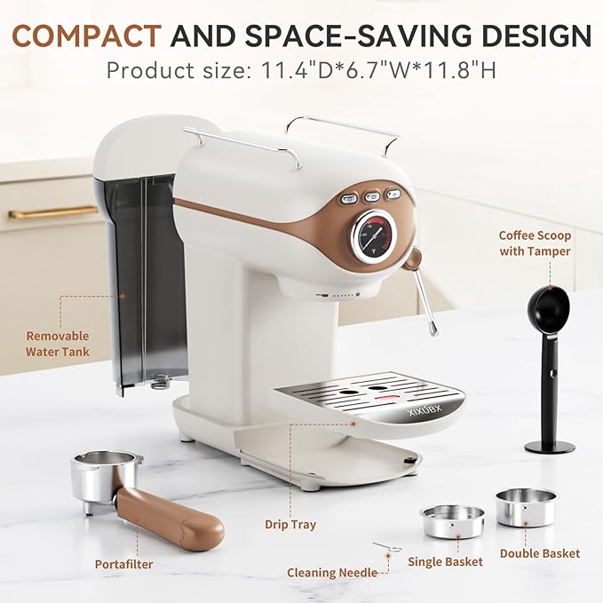 XIXUBX Espresso Machine, 20 BAR Pump Temperature Control, Compact Espresso Maker with Steam Milk Frother, Professional Coffee Makers for Home, Cappuccino, Latte, Gifts for Coffee Lover, White