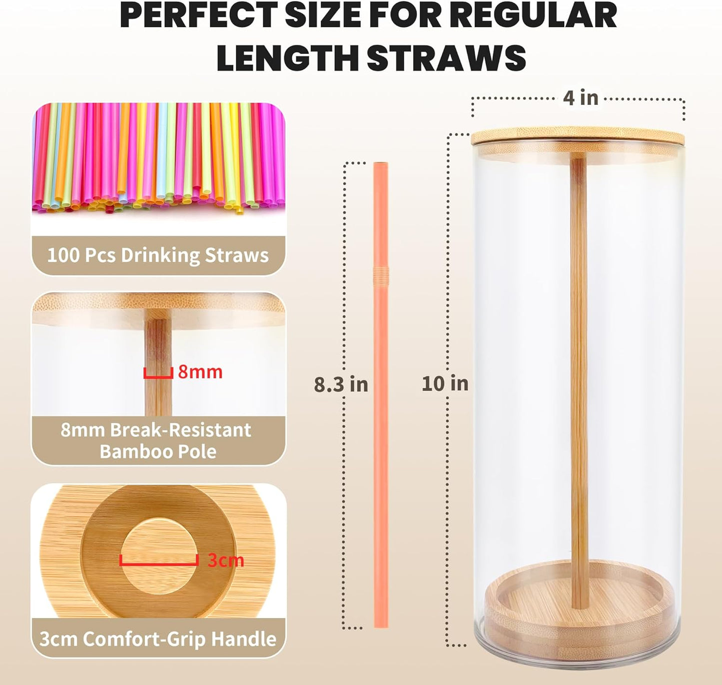 Straws Holder Dispenser for Counter, 10-Inch Drinking Straw Dispenser,Acrylic Straw Organizer with Bamboo Lid,Includes 100 Straws,Transparent Straw Storage Container for Kitchen,Pencils and Silverware