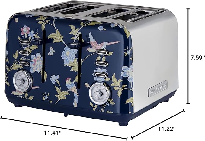 VQ Laura Ashley Elveden Navy Stainless Steel 4 Slice Toaster | Multi-Functional Bagels & Bread Toaster 4 Slice with Adjustable Heating & Defrost Mode | Featuring 4 Wide Slots, Croissant Warming Rack