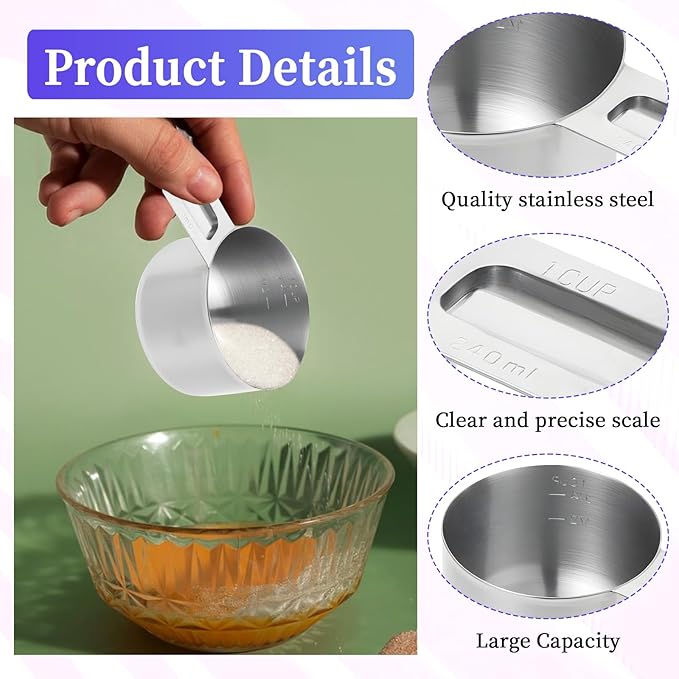 3 Pack 1 Cup Stainless Steel Measuring Cup Metal Measuring Cups with Handle Kitchen Cooking Gadgets Rice Measuring Cup for Wet and Dry Ingredients (240 ml | 240 cc | 8 oz)