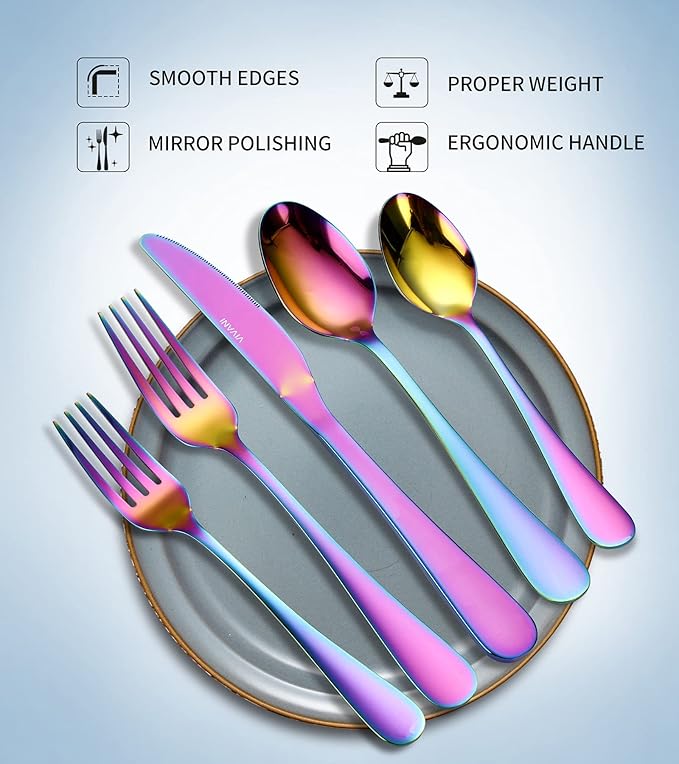 VIVANI Emilian 20 Piece Rainbow Silverware Set, Premium Stainless Steel Flatware Cutlery Set, Service for 4 for Home & Restaurant Mirror Polished, Dishwasher Safe