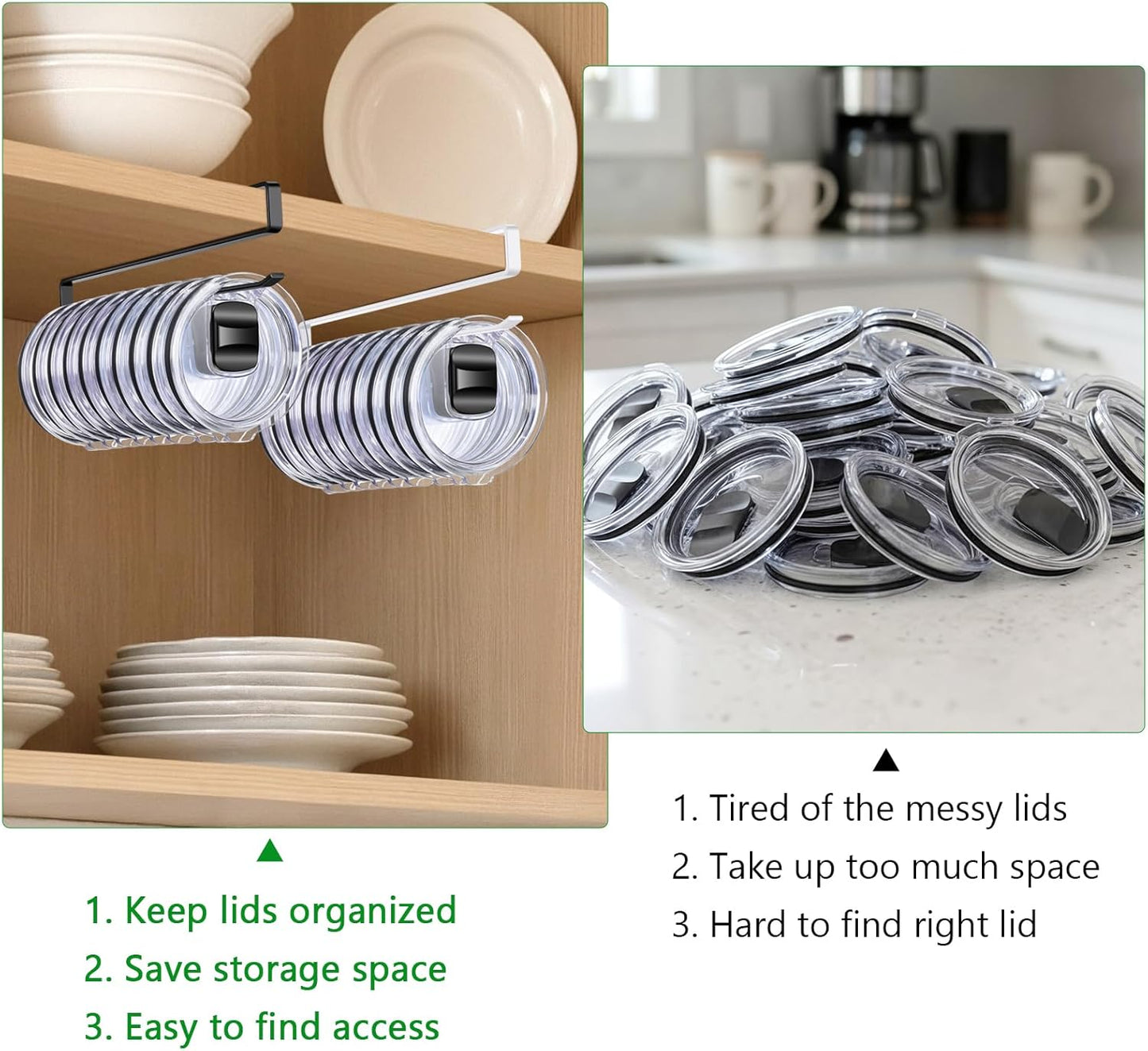 2 Pack Tumbler Lid Organizer for Water Bottle Cup and Mason Jar Storage - Space Saving Kitchen Coffee Cups Organizers Holds 24 Lids, No-Tool Corner Cabinet Rack, No Drill Needed, (Black)