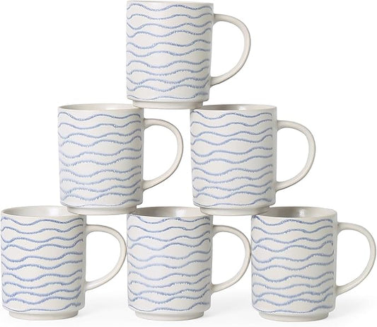 Ceramic Mugs Set of 6, 17oz Coffee Mugs with Handpainted Blue Stripe Pattern, Modern Stackable Coffee Cups, Dishwasher and Microwave Safe Mugs for Coffee, Tea, Milk