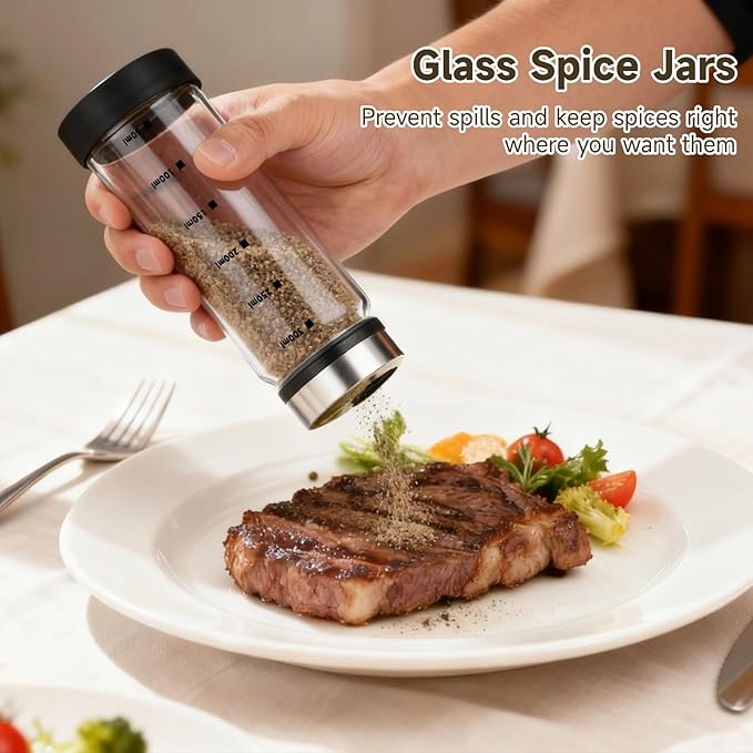 2 Pcs Salt and Pepper Shakers, 350ml Glass Spice Bottles with Adjustable Pour Holes, Spice Dispensers with Non-Slip Silicone Bases, Seasoning Jars with Rotating Steel Lids for Kitchen