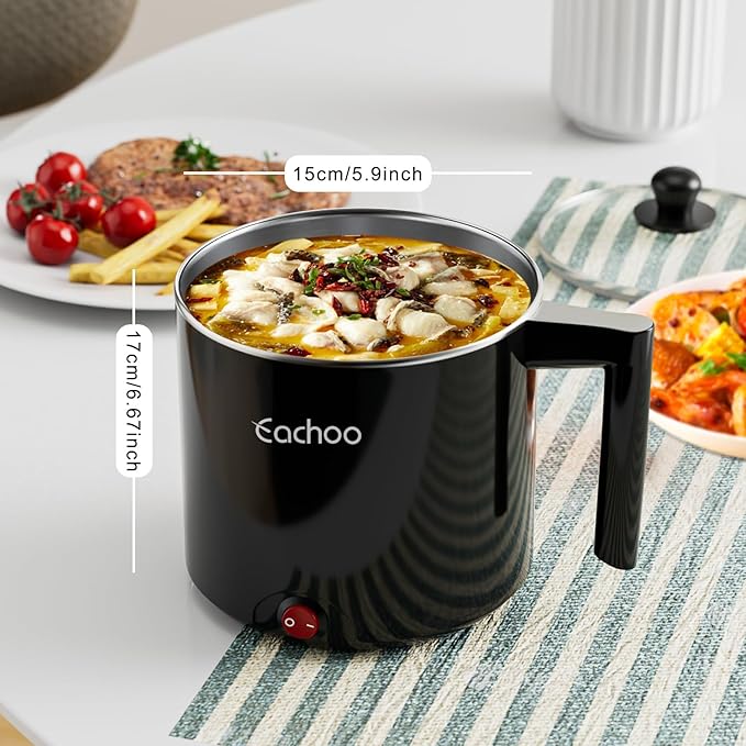 Electric Hot Pot - 1L Ramen Cooker, Mini Portable Multi-Functional Lazy Pot for Noodles, Soup, Non-Stick Cooker with Boil Dry Protection for Dorm, Office