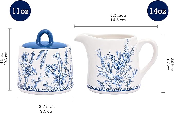 Bico Blue Garden Toile De Jouy Ceramic Sugar and Creamer Set, Sugar Bowl with Lid, Cute Container for Coffee Bar, Kitchen Countertop Accessories, Microwave and Dishwasher Safe