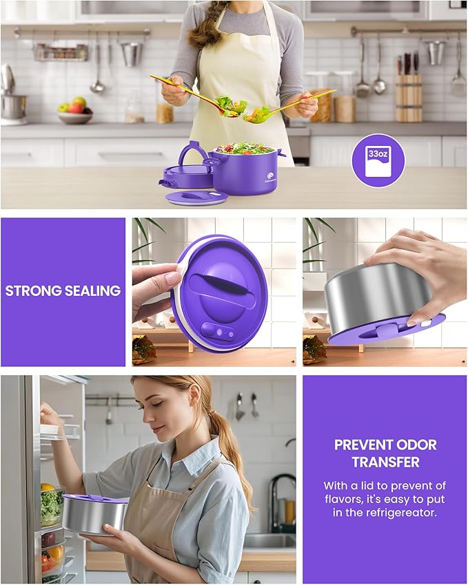 Electric Lunch Box, Portable Food Warmer for Car Truck and Office, Portable Heater 110V & 12V 24V 50W Stainless Steel Food Heater, with Spoon Fork Carry Bag (Youthful Purple)