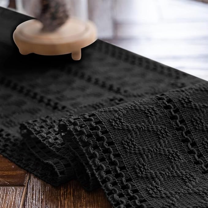 Alynsehom Macrame Table Runner Pure Black Boho Table Runners with Tassels Hand Woven Cotton Table Runner Rustic Farmhouse Table Runners for Bohemian Kitchen Dining Table(12x36in)