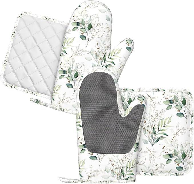 Watercolor Floral Pattern Silicone Oven Mitts and Pot Holders Sets Green and Gold Leaves with Branches Kitchen Mitts Potholder Kitchen Accessories for Cooking Baking BBQ