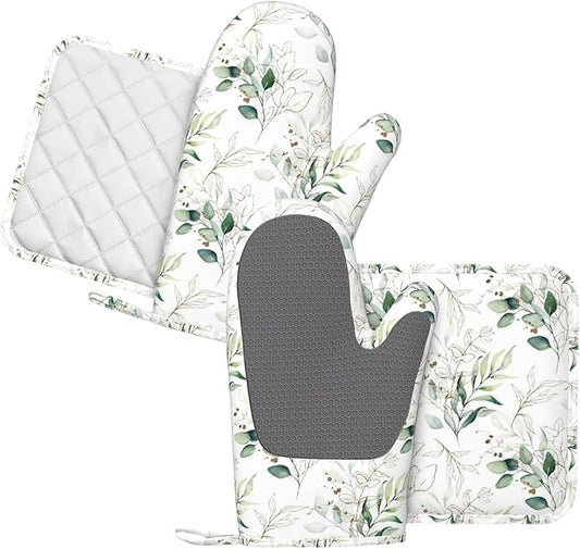 Watercolor Floral Pattern Silicone Oven Mitts and Pot Holders Sets Green and Gold Leaves with Branches Kitchen Mitts Potholder Kitchen Accessories for Cooking Baking BBQ