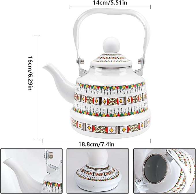 1.1L Arab style Vintage Tea Kettle,Enamel Tea Kettle with Handle,Enameled Teapot Stovetop,Hot Water Kettle for Home Kitchen Decor, No Whistling (White)