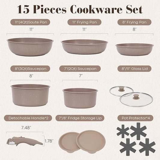 15Pcs Pots and Pans Set Non Stick, Cookware Sets with Detachable Handle, Nonstick RV Kitchen Cooking Tools Removable Handles, Oven Safe, Induction Fast, Stackable Induction Cookware, Brown