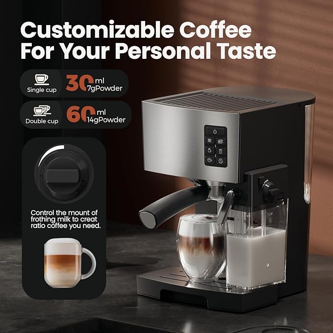 JZ.CAFE Cappuccino Coffee Machine - 20Bar Espresso Machine with Automatic Milk Frother, Espresso Maker in Stainless Steel Design,1250W Coffee Maker for Home, Office