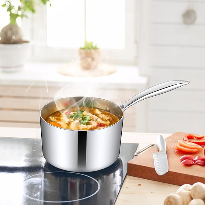 Homikit 1 Quart Saucepan, Tri-Ply Stainless Steel Sauce Pan with Lid, 1QT Small Induction Cooking Pot with Ergonomic Handle, Small Pan for Making Sauce, Warming Milk, Boiling Eggs, Dishwasher Safe