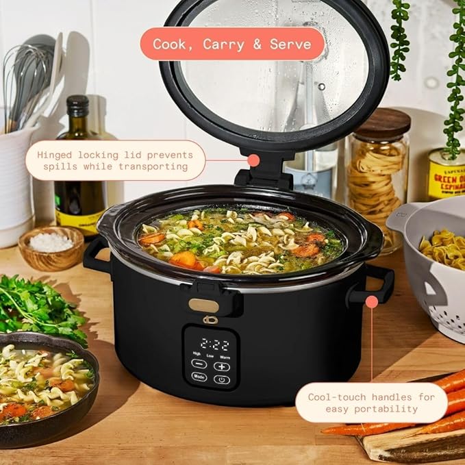 Beautiful by Drew 4.0-Quart Programmable Slow Cooker with Hinged Lid, Digital Timer, Keep Warm Function, Removable Stoneware Pot, Stainless-Steel Accents (Black)