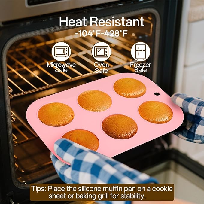 Firstfooby 2 Pack Silicone Muffin Pan for Baking, Regular Size Nonstick Cupcake Pan, 6-Cup Silicone Muffin Tin BPA Free Dishwasher Safe, Great for Muffin Cupcake Brownie Egg Tart