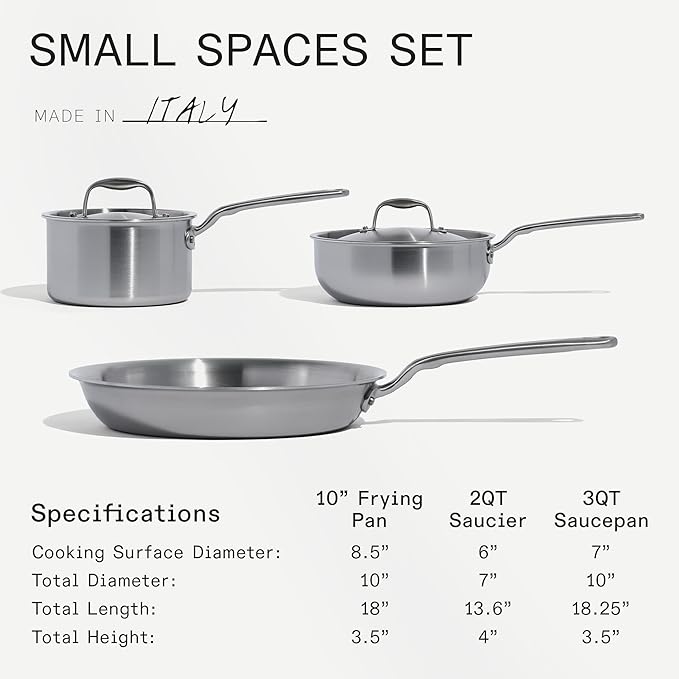 Made In Cookware - Stainless Steel Small Spaces Set - 5 Ply Clad - Includes Stainless Steel Frying Pan, Saucepan and Saucier with Lid - Professional Cookware - Crafted in Italy