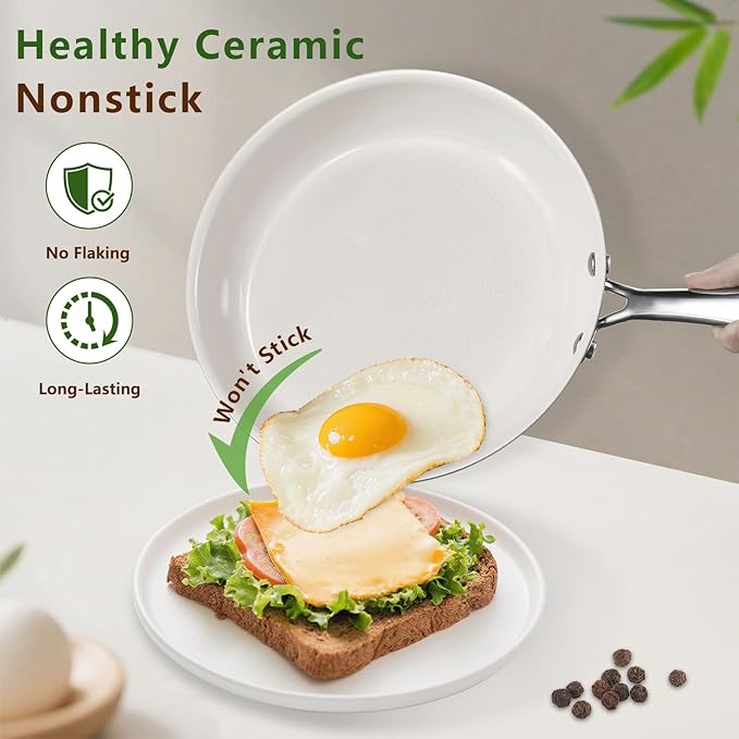 SAKAMOSH 8 Inch Nonstick Ceramic Frying Pan, Tri-Ply Stainless Steel Skillet with Stay-Cool Handle, PFAS/PFOA/PTFE Free, No Seasoning Required, High Heat & Induction Safe, Dishwasher/Oven Safe