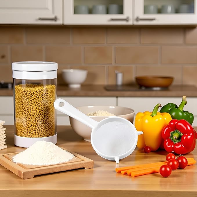 Small White Mesh Kitchen Sifter - Plastic Mesh Strainers Sieve,Colanders and Sieve with Handle for Tea Pasta Flour Rice Fruits Vegetable, Food Strainers