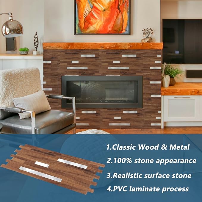 Yipscazo 40 Sheets PVC Wall Tiles Stick on Tiles for Backsplash Kitchen, Bathroom, Laundry Room, Camper, Fireplace (6'' X 12'', Brown Wood)