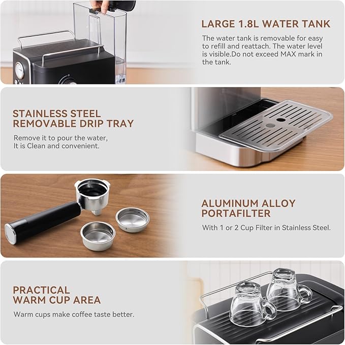 Olayks Espresso Machine 20 Bar, Professtional Espresso Coffee Maker with Milk Frother Steam Wand for Latte, Cappuccino, Espresso Maker with 1.8L Removable Water Tank, Gift for Dad or Mom