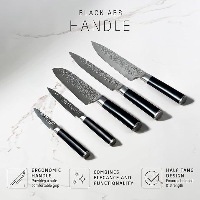 Swiss Diamond Chef Knife Set, German Steel With ABS Handle, Half Tang Handle, Hammered Blade Chef Knives Professional Grade, 55+2 Rockwell Hardness, 5 Piece Set