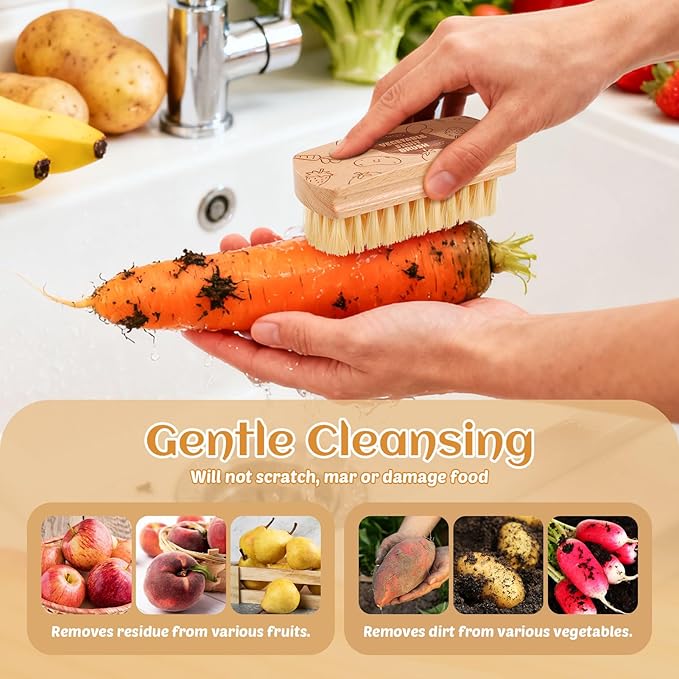 Vegetable and Fruit Cleaning Brush Scrubber Beechwood Handle Fruits Veggie Wash Brushes Potato Carrot Cucumber Mushrooms Washing Cleaner(Beige, 2)