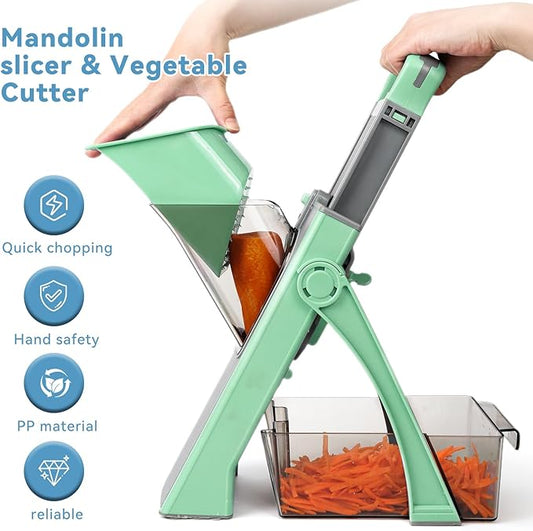 Upgrade Safe Mandoline Slicer Plus, Adjustable Potato Slicer, Vegetable Chopper Food Slicer, Fries Cutter, Veggie Salad Chopper Kitchen Chopping Artifact Christmas Gifts green