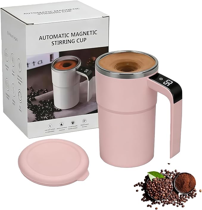 Electric Coffee Mug with a Built-In Lcd Thermometer, 13oz Automatic Self Stirring Coffee Mug, Perfect for Brewing Milk, Cocoa, Etc (Pink)