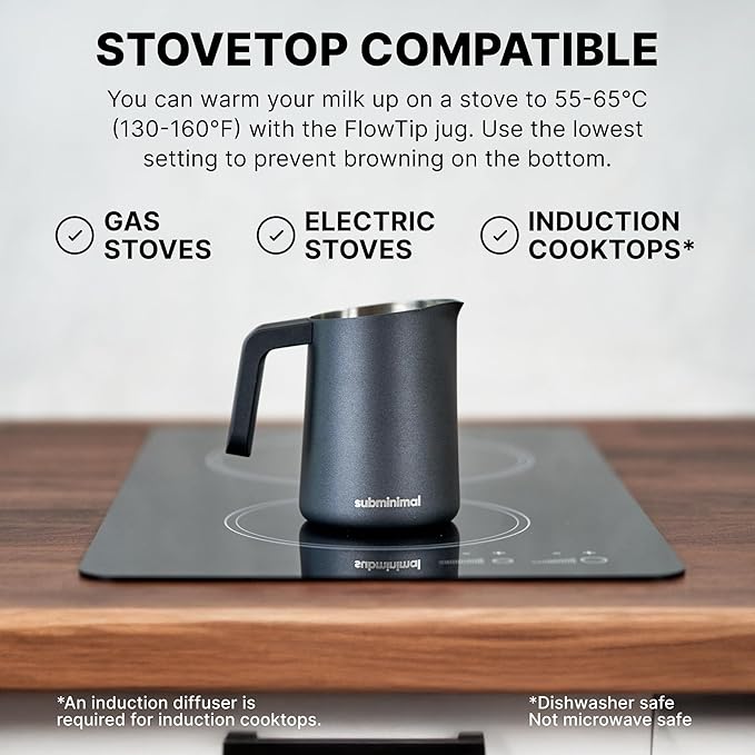 Subminimal FlowTip Milk Jug - Stovetop Milk Frothing, Foaming Pitcher for Barista-Style Coffee - Cappuccino & Latte Art Pouring Jug with Heat Resistant Handle - 450ml, Black