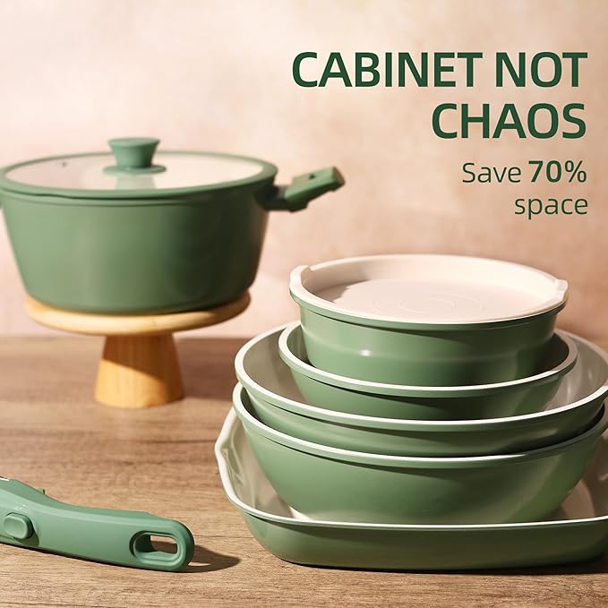 23pcs Ceramic Pots and Pans Set, Nonstick Detachable Handle Cookware, Induction Kitchen Cooking Set with Removable Handle,include Frying Pans & Saucepans Oven Safe(Green)