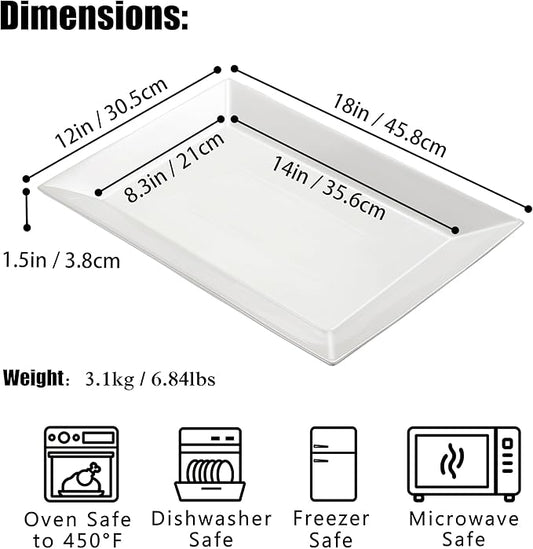 18" x 12" Large Serving Platter, Porcelain Heavy-Duty Large Serving Tray, White Rectangular Plate for Turkey, Food, Fruit, Party, Wedding, Christmas, Chip and Scratch Resistant