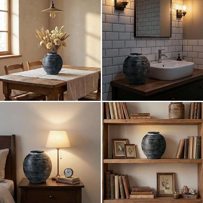 Large Black Ceramic Vase Home Decor, Round Farmhouse Table & Floor Vases Rustic Vintage Living Room Entrway Kitchen Bedroom Decorations，Minimalist Hand-Made Textured Vase (10.8” H Black Bronze)
