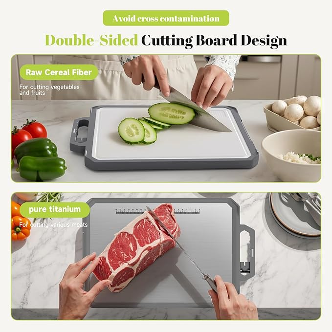 1 PCS Titanium Cutting Board for Kitchen, Double Sided Non Toxic Chopping Board, Food Grade, Non-Slip Silicone Edge, Easy to Clean, 17.2"*12" Large Size (1 Side Titanium Other Side Wheat Straw PP)