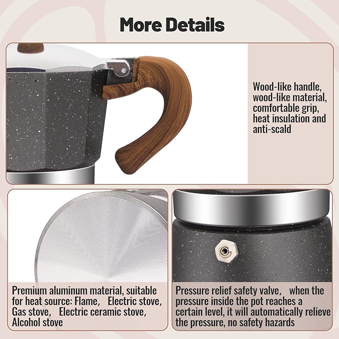 Vaolvpant 3 Cup Aluminum Moka Pot Classic Stovetop Espresso Coffee Maker 150ml 5oz Coffeemaker Percolator Mocha Pot Greca Coffee Maker Cafe Makers for Italian and Cuban Café Brewing Gray