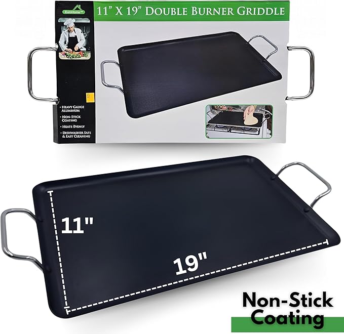 Nonstick Double Burner Griddle Pan for Stovetop - Heavy Gauge Aluminum Flat Grill for Even Heating, Extra Large 2-Burner Stovetop Griddle for Gas & Electric, Indoor/Outdoor Cookware