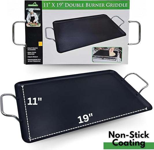 Nonstick Double Burner Griddle Pan for Stovetop - Heavy Gauge Aluminum Flat Grill for Even Heating, Extra Large 2-Burner Stovetop Griddle for Gas & Electric, Indoor/Outdoor Cookware