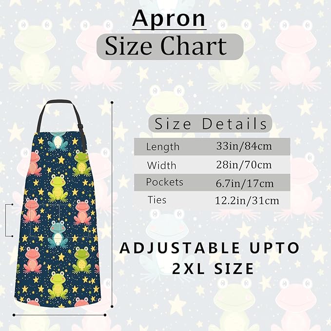Cartoon Frog Apron Cute Starry Night Aprons Waterproof Oxford Polyester Adjustable Pockets Design for Cooking, Crafting, Garden Decor, for Adults, 28x33 Inch