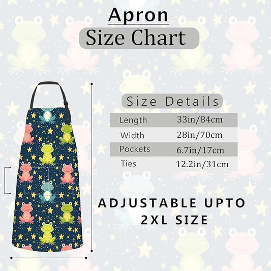 Cartoon Frog Apron Cute Starry Night Aprons Waterproof Oxford Polyester Adjustable Pockets Design for Cooking, Crafting, Garden Decor, for Adults, 28x33 Inch