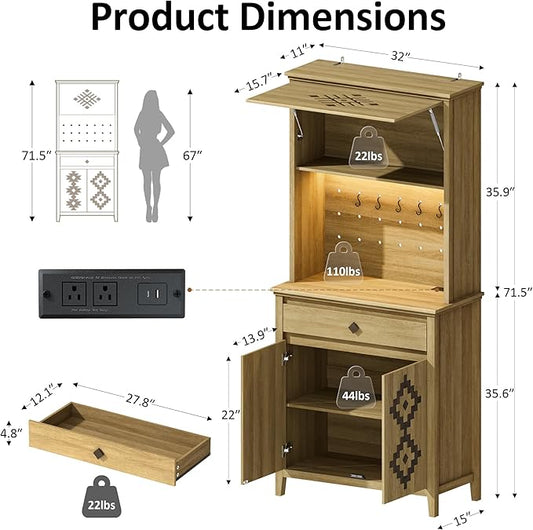 72" Tall Kitchen Pantry with Hydraulic Flip Up Door, Storage Cabinet with LED Lights&Charging Station, Drawer and Adjustable Shelves, Cupboard for Kitchen, Dining Room, and Hallway, Natural