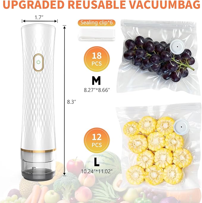 Vacuum Sealer for Food – Keeps Food Fresh up to 10× Longe, Cordless & rechargeable & strong suction for storage & sous vider(Handheld Vacuum Sealer + 30 Reusable Vacuum Bags)