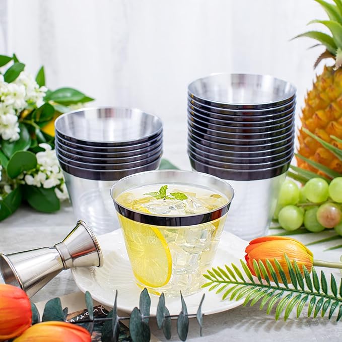 WELLIFE 120 PCS Black Plastic Cups,Disposable Cocktail Glasses,Plastic Wine Glasses Disposable,9 oz Clear Cups for Party