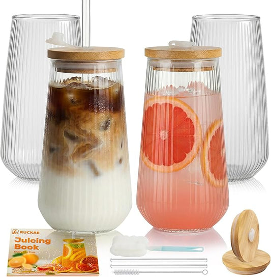 Ruckae Borosilicate Glass Cups with Lids and Straws,16oz Reusable Iced Coffee Cup with Lid Glass Cups 4 Pack for Coffee Bar Accessories,Smoothie,Juice,Durable Clear Tumbler Cups for Home,Office,Travel