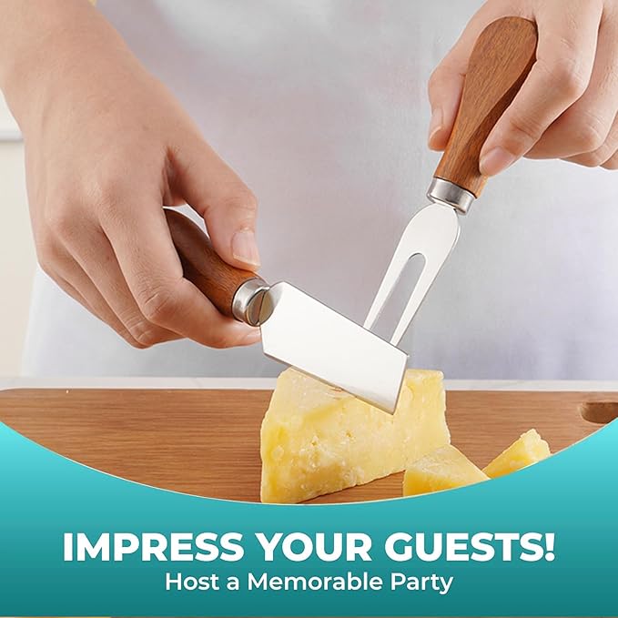 YUANQIAN Cheese Knife Set with Acacia Wood Handles - Cheese Knife, Spreader, Fork, Slicer - Mini Stainless Steel Cheese Tools for Charcuterie Boards (6Pcs/Set, S)