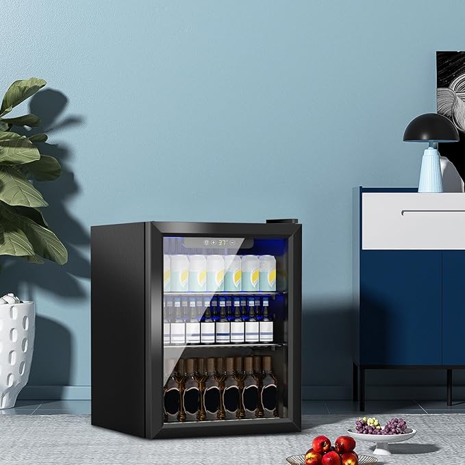 Stopasd Compact Beverage Refrigerator, 1.6 Cu.Ft/70 Can Drink Fridge, with Glass Door, Adjustable Shelves & Digital Display, Quiet Undercounter Small Fridge for Home/Office/Bar/Garage,Sliver