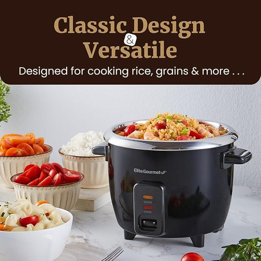 Elite Gourmet ERC006SS 6-Cup Electric Rice Cooker with Stainless Steel Inner Pot, Makes Soups, Stews, Porridges, Grains and Cereals, 6 cup (3 cups uncooked), Black