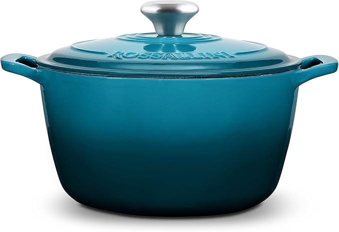 ROSSALLINI Signature Enameled Cast Iron Dutch Oven, Non-Stick Serving Pot with Tight Fitting Lid for Perfect Roasting, Baking, Sauteing, and Bread Making | 2Q (1.9L) - Ocean Blue