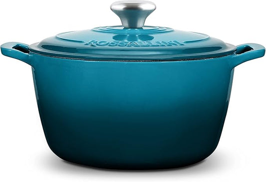 ROSSALLINI Signature Enameled Cast Iron Dutch Oven, Non-Stick Serving Pot with Tight Fitting Lid for Perfect Roasting, Baking, Sauteing, and Bread Making | 13.5Q (12.7L) - Ocean Blue
